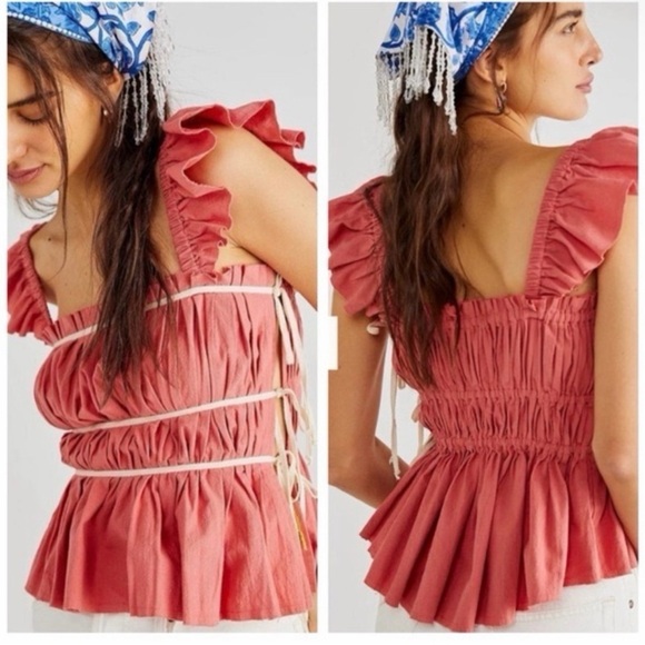 Free People Tops - Free People Claudette Ruffled Coral Tank Top with Smocked Bodice